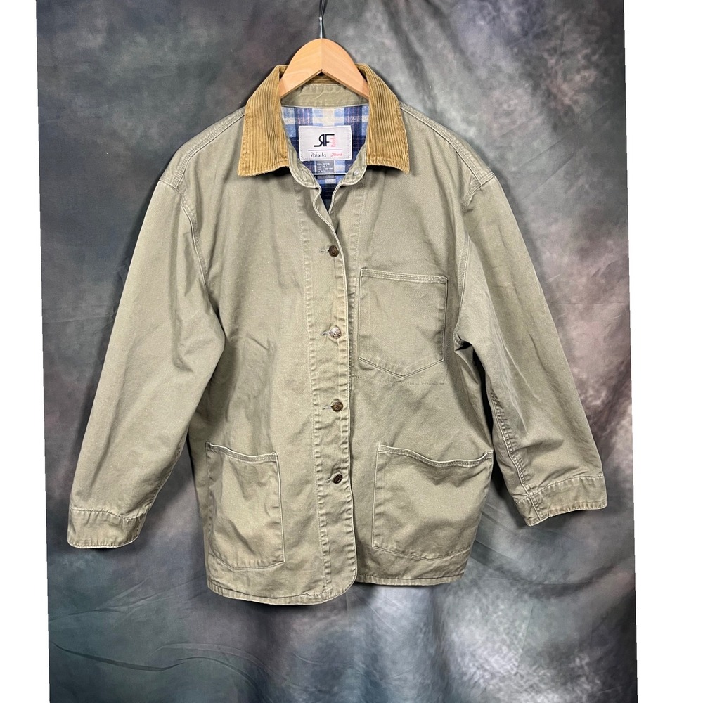 Vintage Rafaella Men Canvas Chore Coat Olive Green Flannel Lined Corduroy Medium